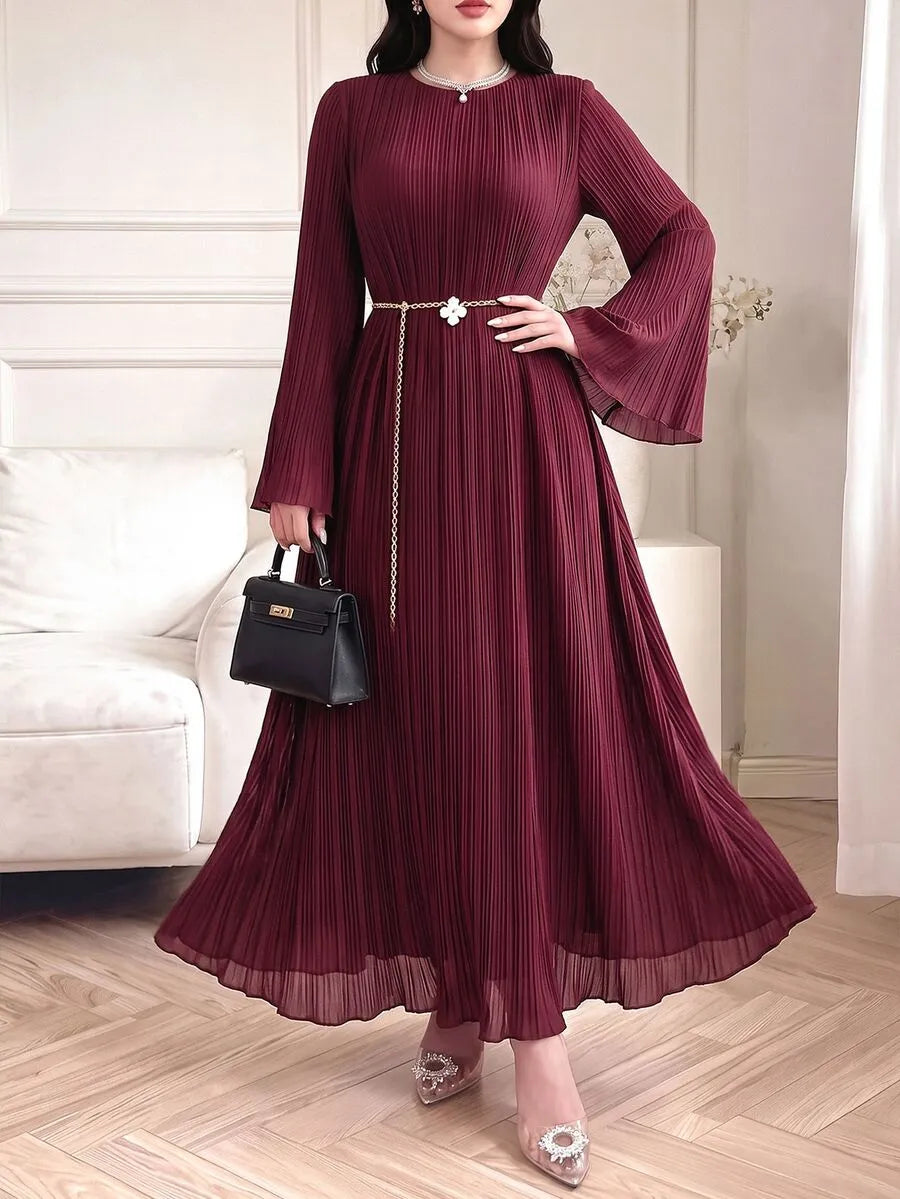 SHEIN Celisse فستان ماكسي بياقة دائرية وأكمام طويلة وخصر برباط خلفي بلون عنابي