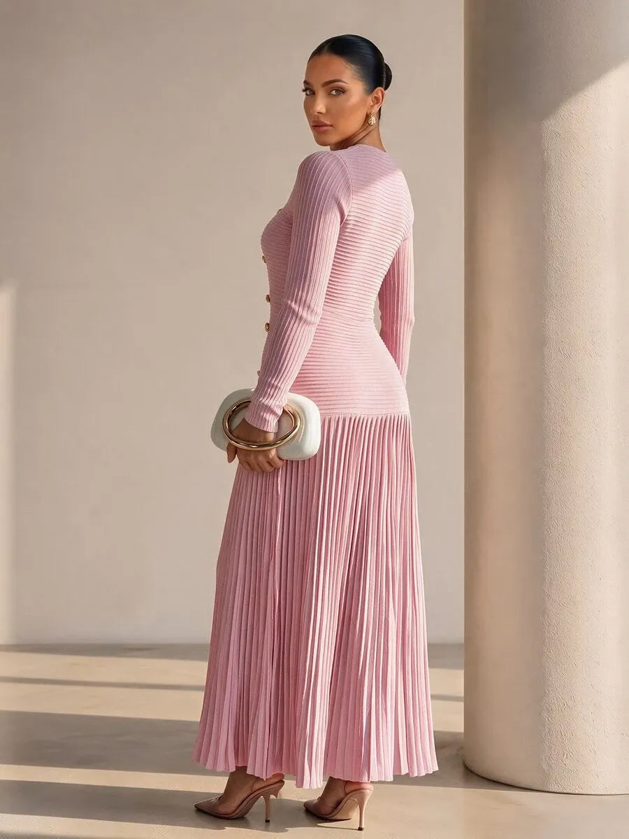 SHEIN Structelle فستان طويل ضيق بياقة وأزرار معدنية أمامية وحافة مطوية بلون وردي
