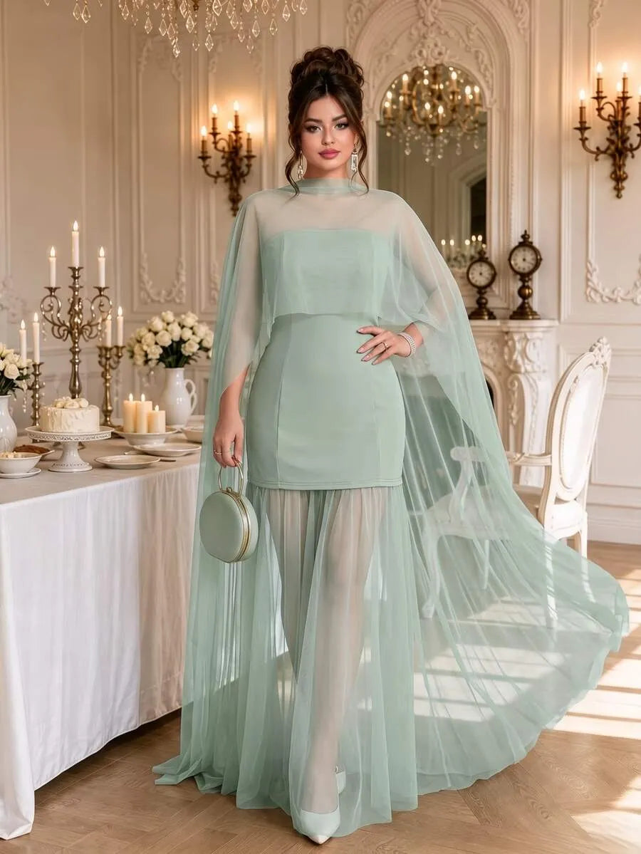 SHEIN Roveilla فستان نسائي من الشبك بوشاح وبدون أكمام بلون أخضر نعناع