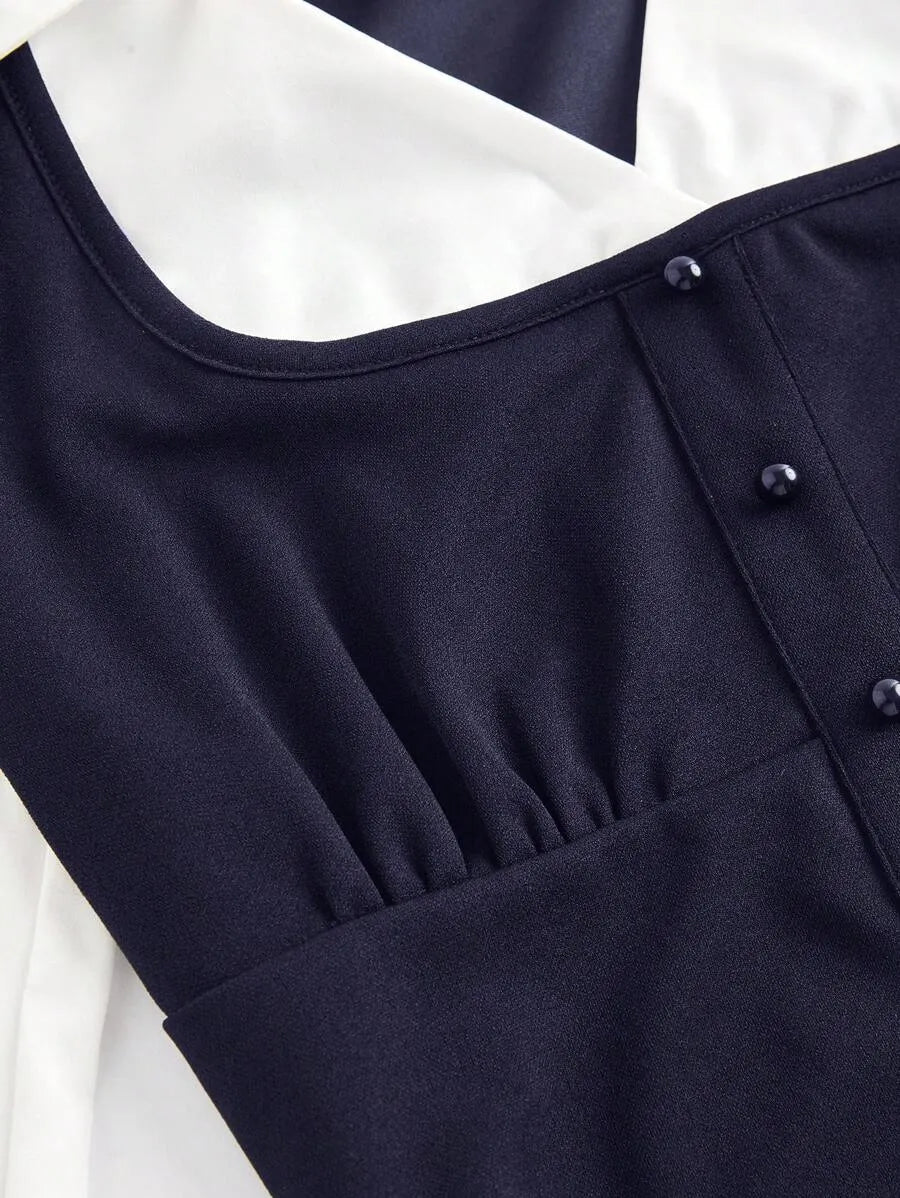 SHEIN MOD بلوزة نسائية قصيرة بياقة وأكمام طويلة واسعة بلون أبيض وأزرق بحري