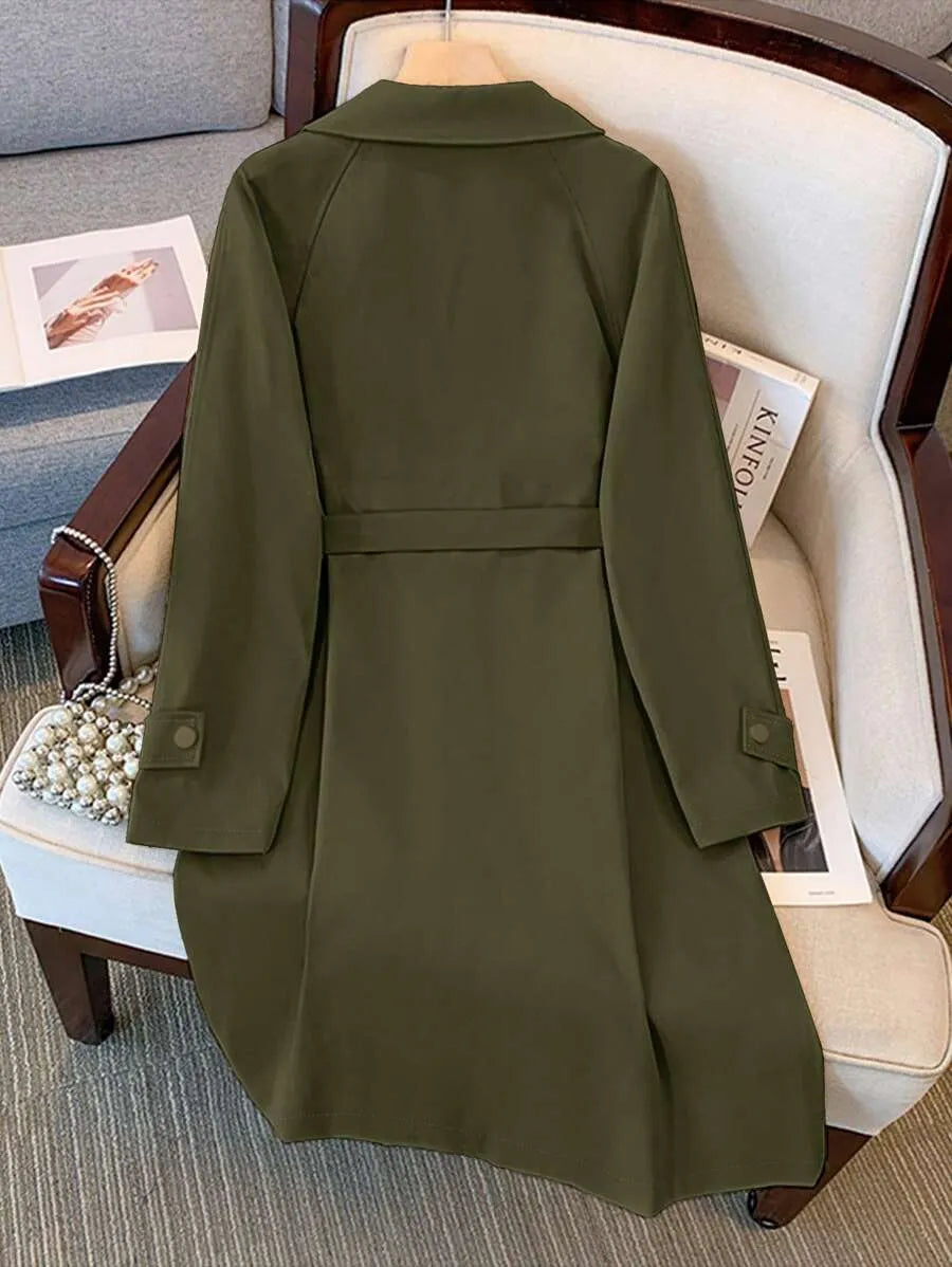 SHEIN Elenzga معطف فضفاض بحزام خصر وأزرار أمامية وجيوب بلون أخضر عسكري