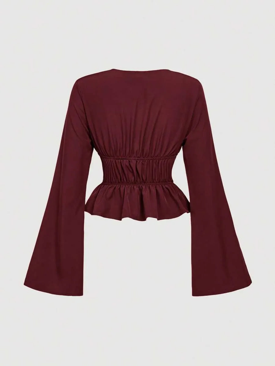 SHEIN MOD بلوزة نسائية بأكمام واسعة وربطة أمامة بلون عنابي