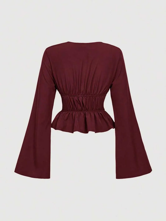 SHEIN MOD بلوزة نسائية بأكمام واسعة وربطة أمامة بلون عنابي