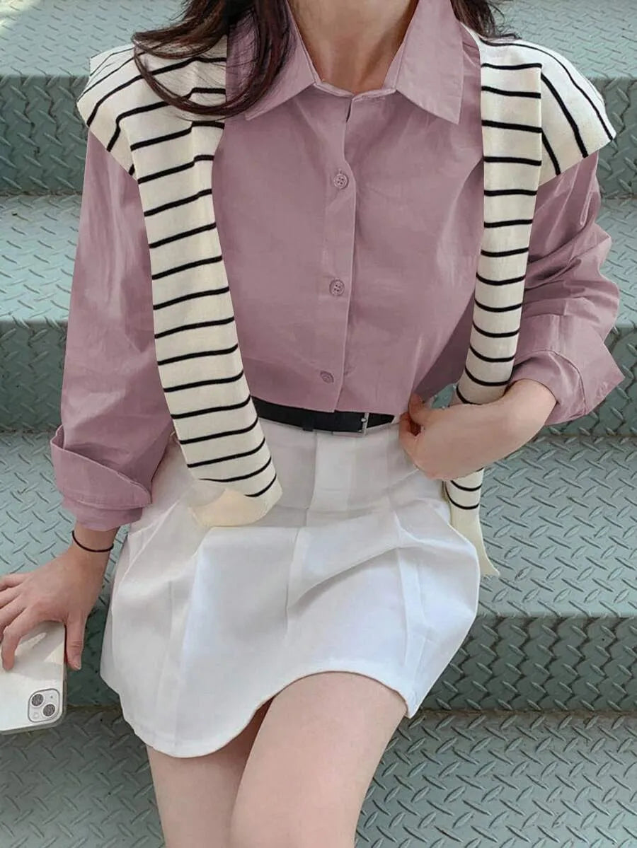 SHEIN DAZY قميص نسائي فضفاض بأزرار أمامية وأكتاف منخفضة بلون أرجواني