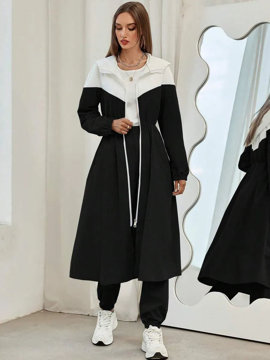 SHEIN Mulvari طقم نسائي قطعتين جاكيت بقبعة وسحاب وبنطال بجيوب بلون الأسود