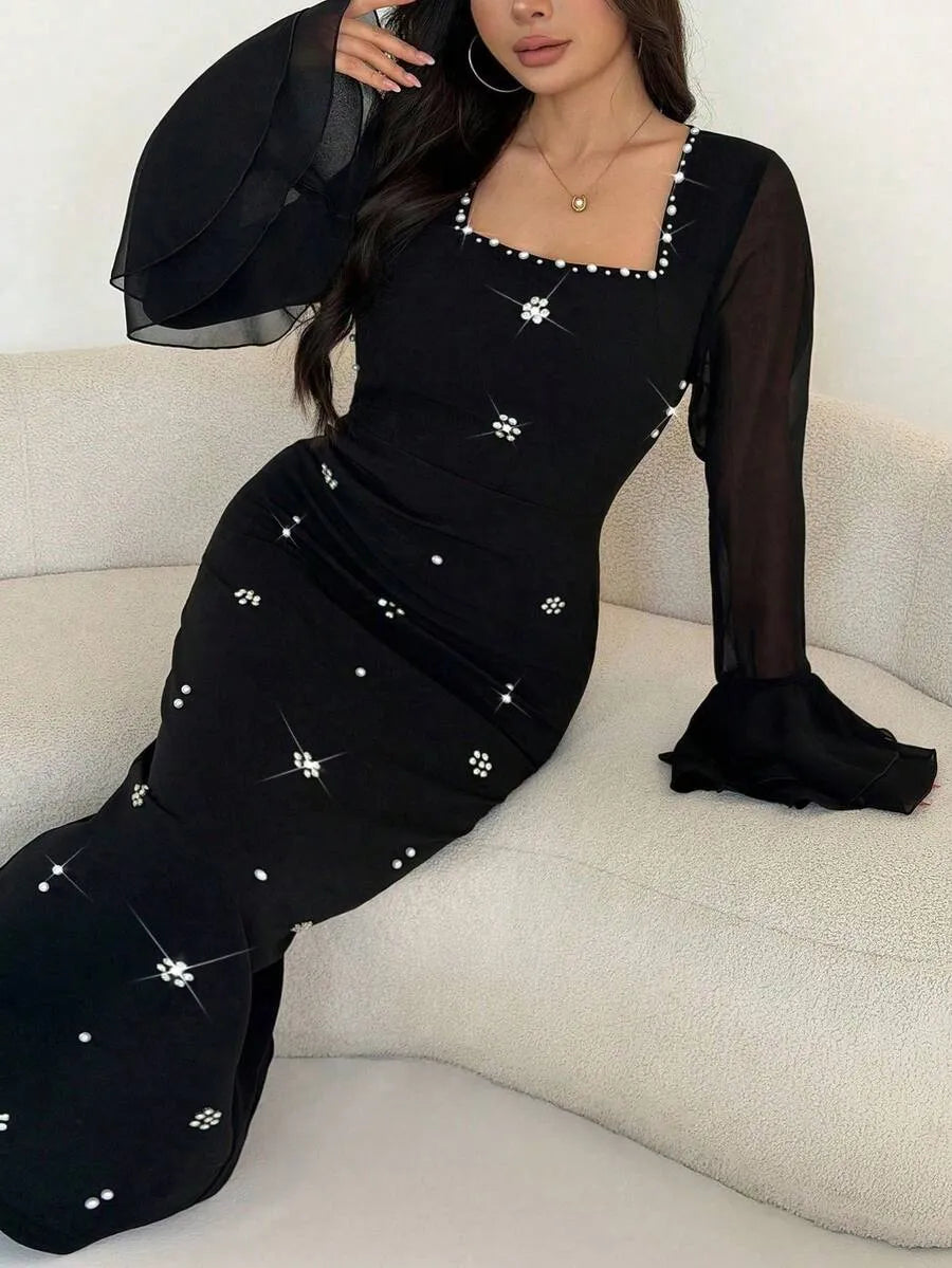 SHEIN Modelyn فستان نسائي بياقة مربعة وأكمام شفافة مزين باللؤلؤ بلون أسود