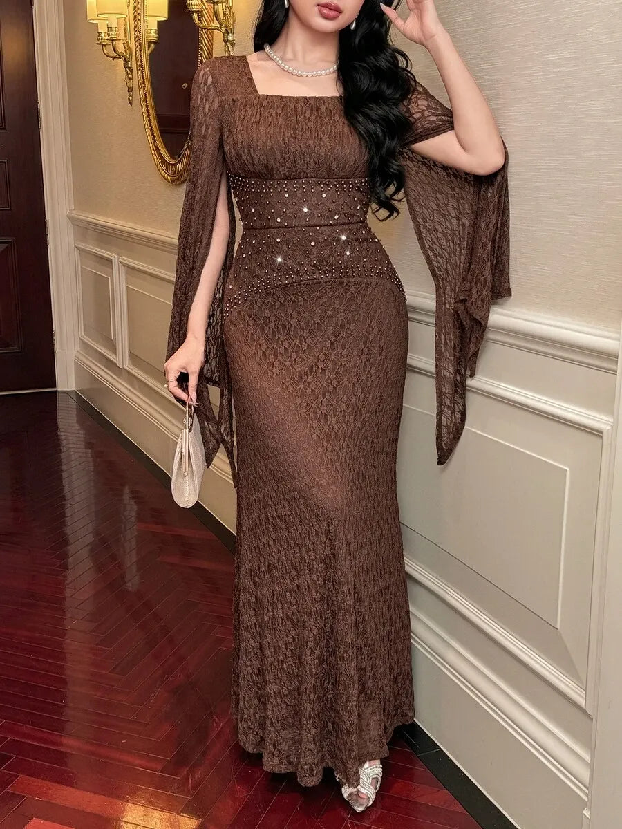 SHEIN Feyla فستان طويل بياقة مربعة وأكمام واسعة وخصر مرتفع بلون بني داكن