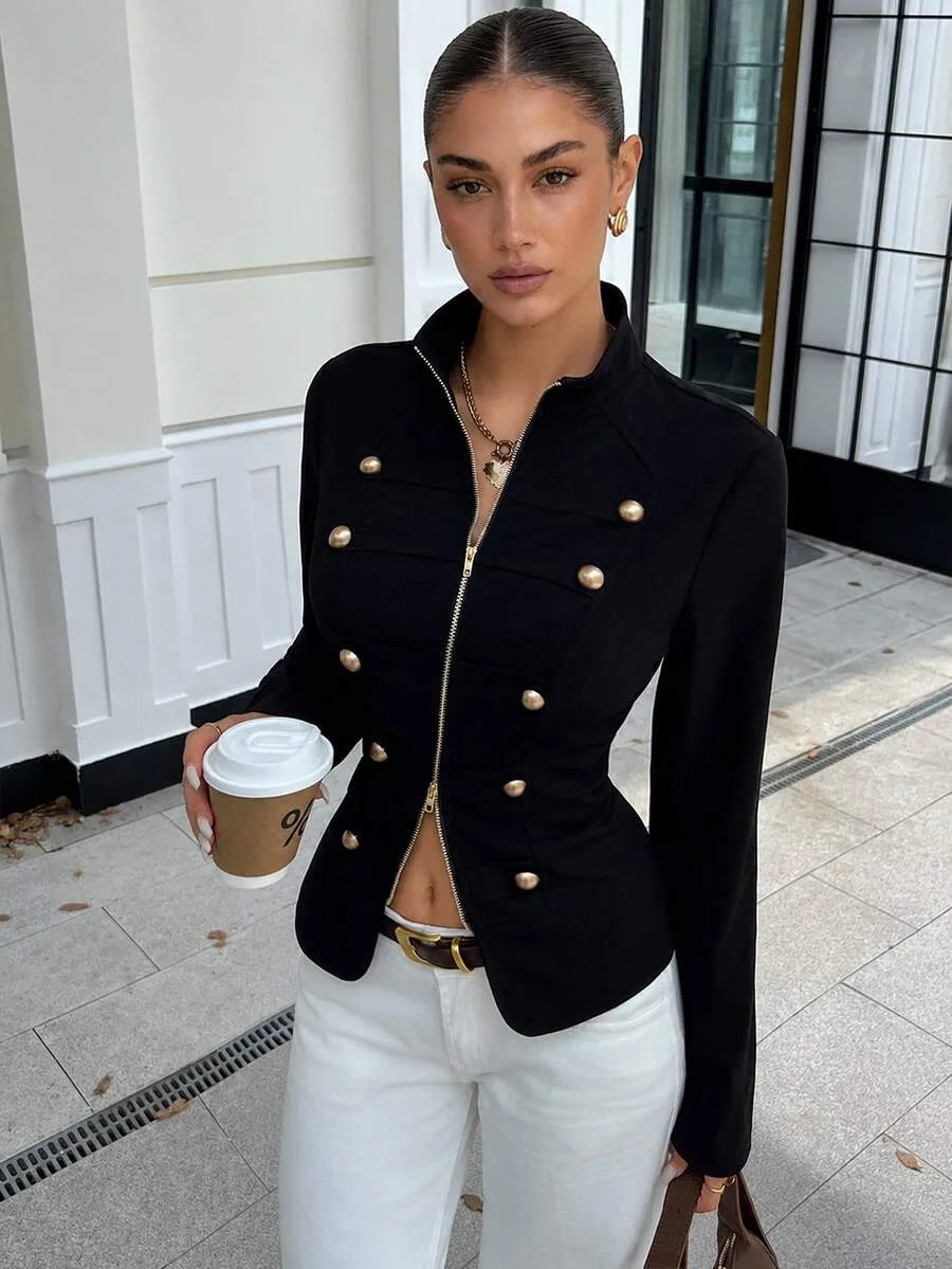 SHEIN Lavishia جاكيت نسائي عسكري بياقة واقفة وسحاب أمامي