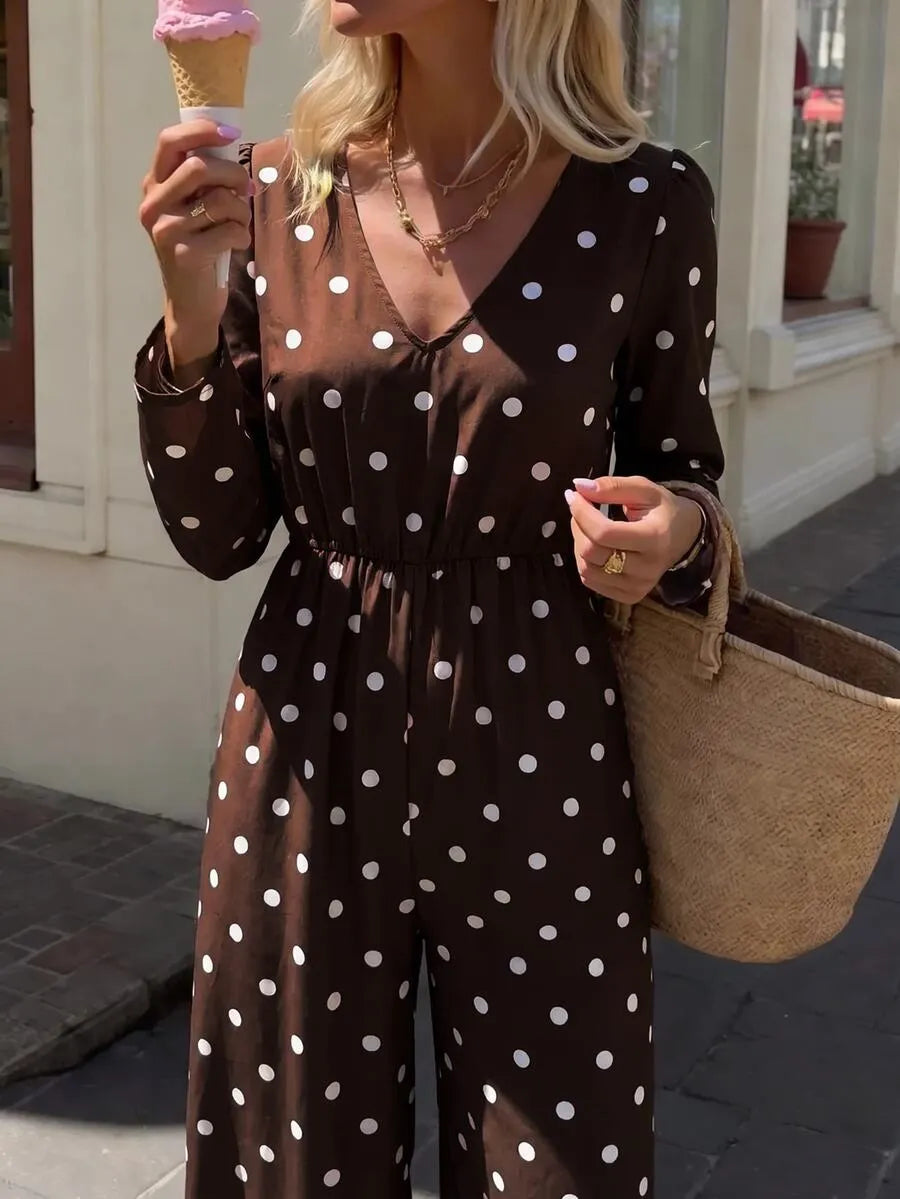 SHEIN Clasi جمبسوت نسائي بنقشة بولكا دوت وياقة وأكمام طويلة متعدد الألوان