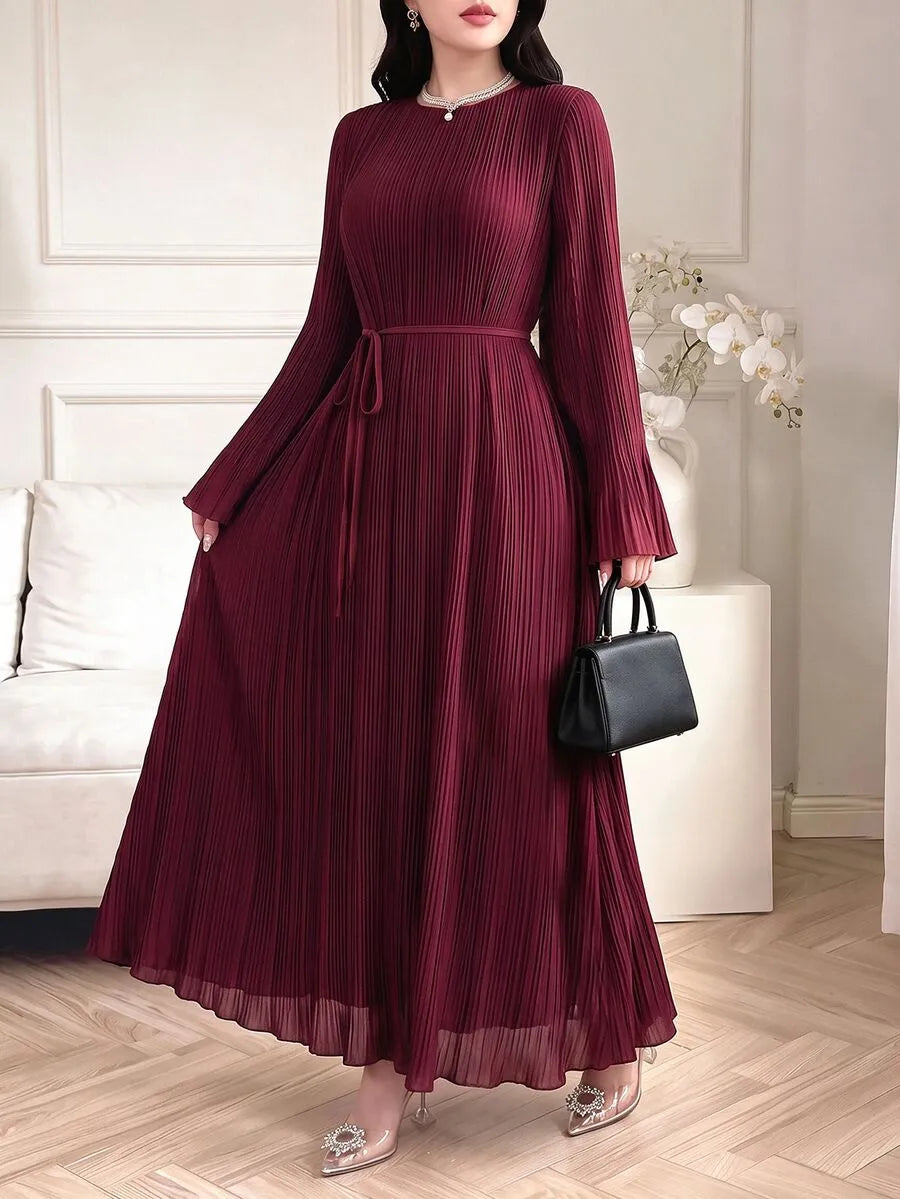 SHEIN Celisse فستان ماكسي بياقة دائرية وأكمام طويلة وخصر برباط خلفي بلون عنابي