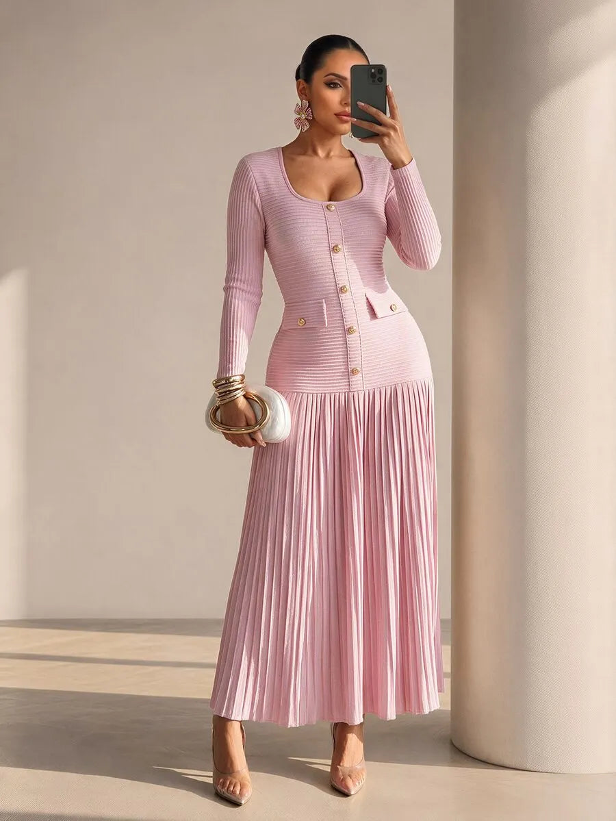 SHEIN Structelle فستان طويل ضيق بياقة وأزرار معدنية أمامية وحافة مطوية بلون وردي
