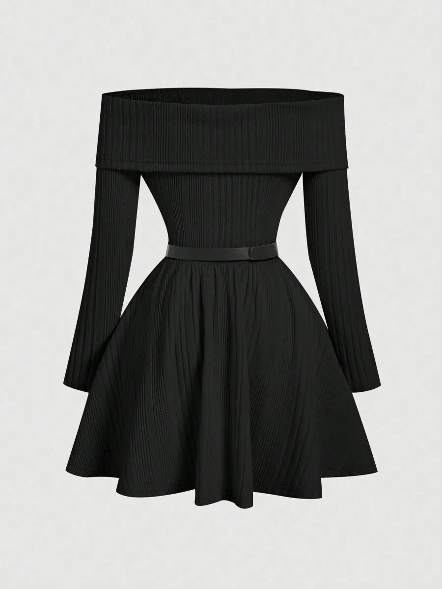 SHEIN MOD فستان نسائي بكتف مكشوف وحزام خصر بلون أسود