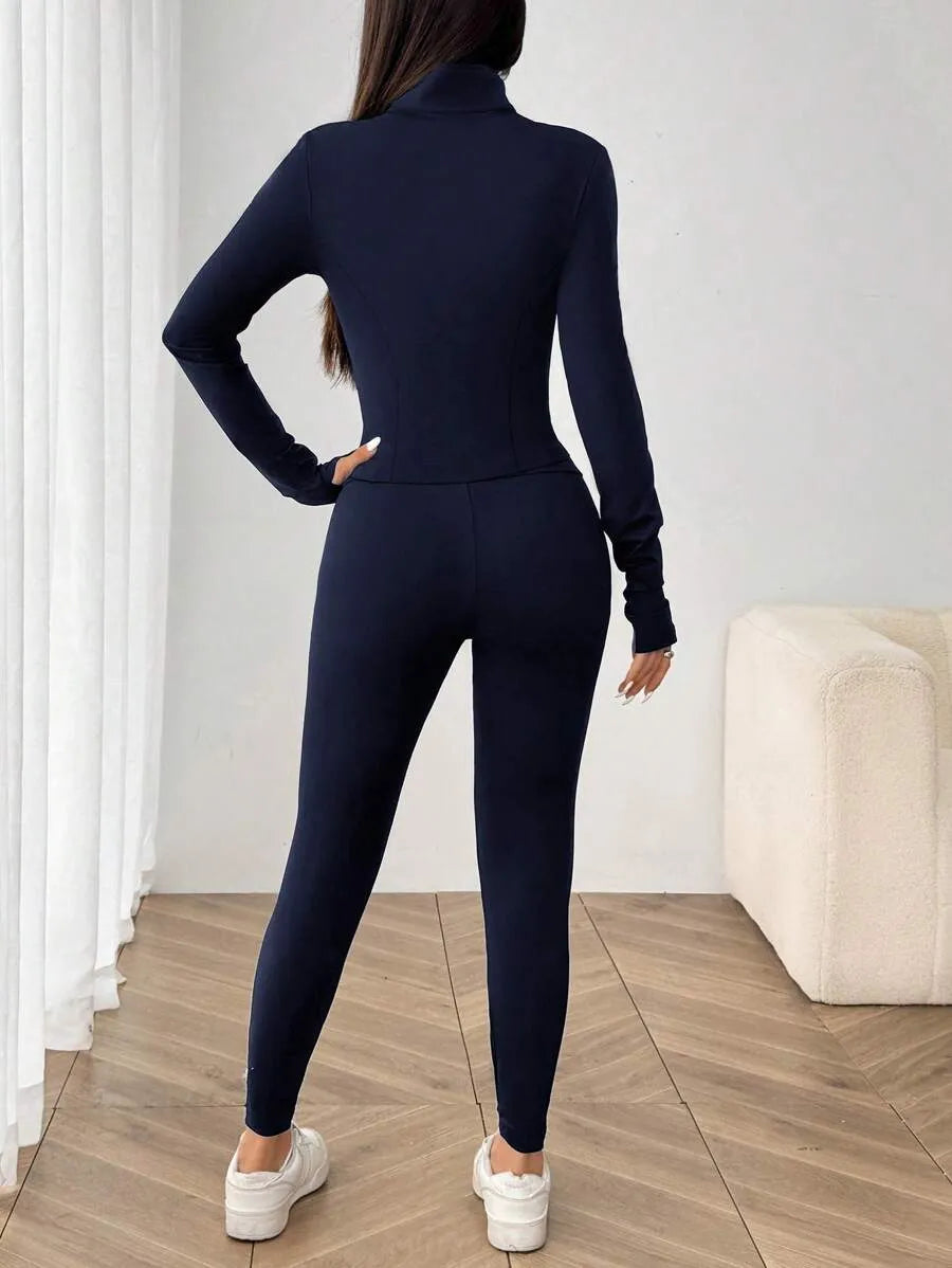 SHEIN EZwear طقم رياضي نسائي 3 قطع جاكيت محبوك وتوب قصير وليجنز بلون أزرق بحري