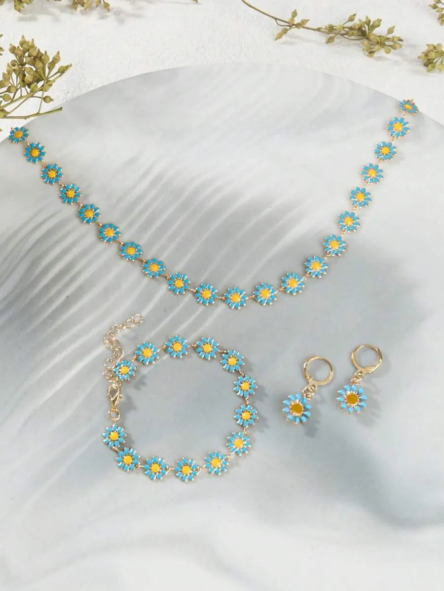 SHEIN طقم مجوهرات نسائي قلادة وسوار وأقراط بتصميم زهرة عباد الشمس