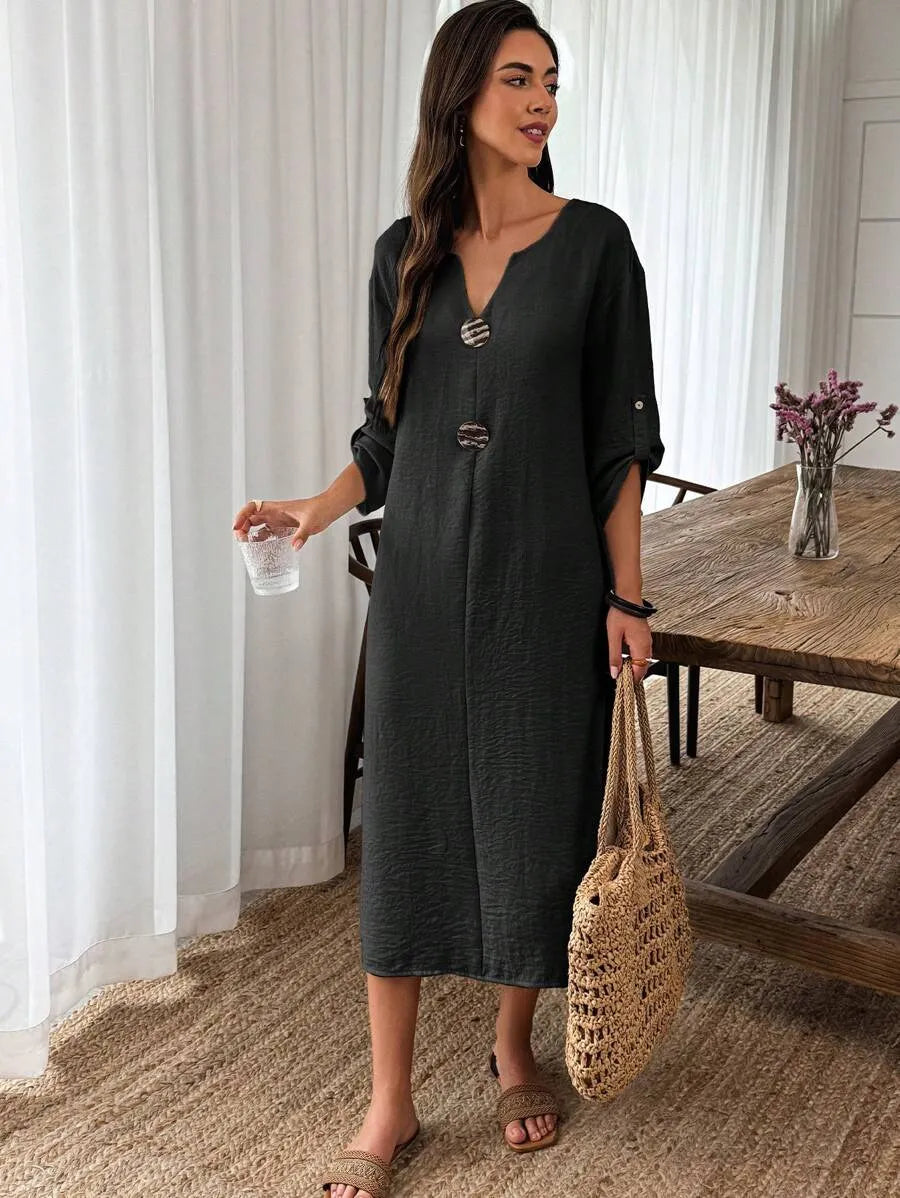 SHEIN Elouméa فستان ميدي بياقة وأكمام طويلة وأزرار أمامية بلون الأسود