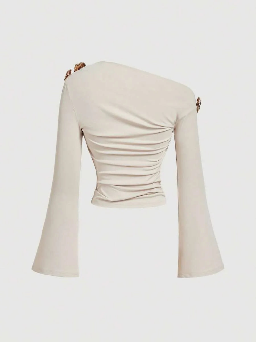 SHEIN MOD توب نسائي بكتف مكشوف وأكمام واسعة بلون مشمشي