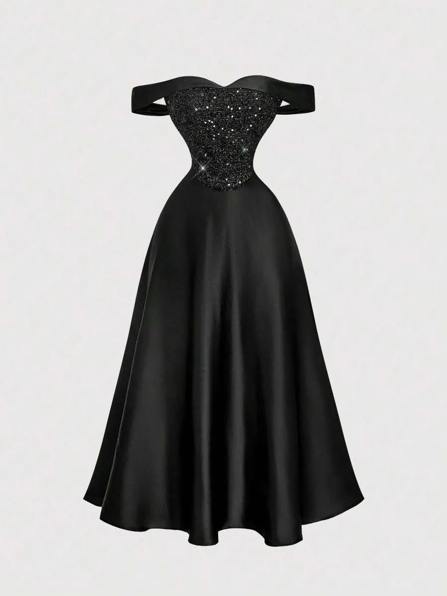 SHEIN MOD فستان نسائي طويل بكتف مكشوف وترتر بلون أسود