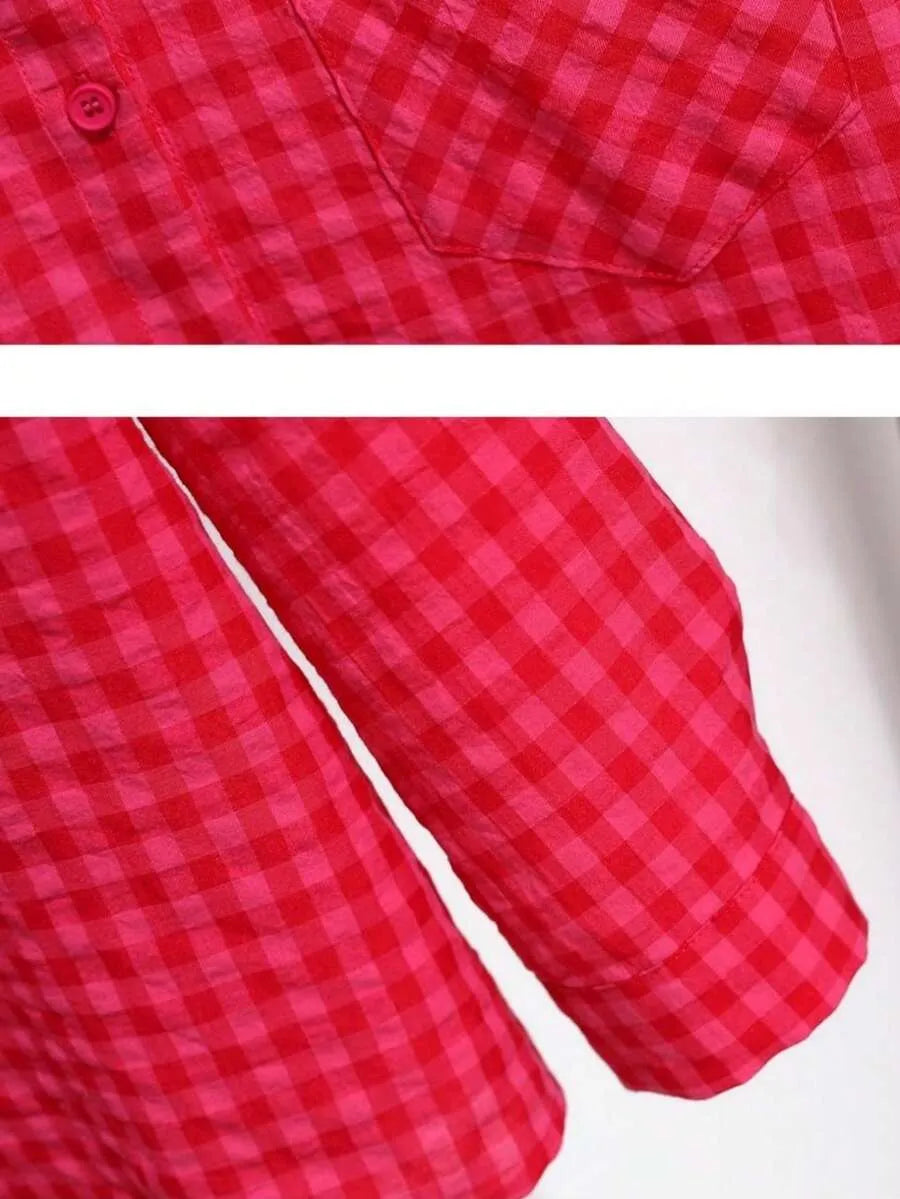 SHEIN YUXIN قميص نسائي فضفاض بنقشة مربعات وأزرار وجيب بلون الأحمر