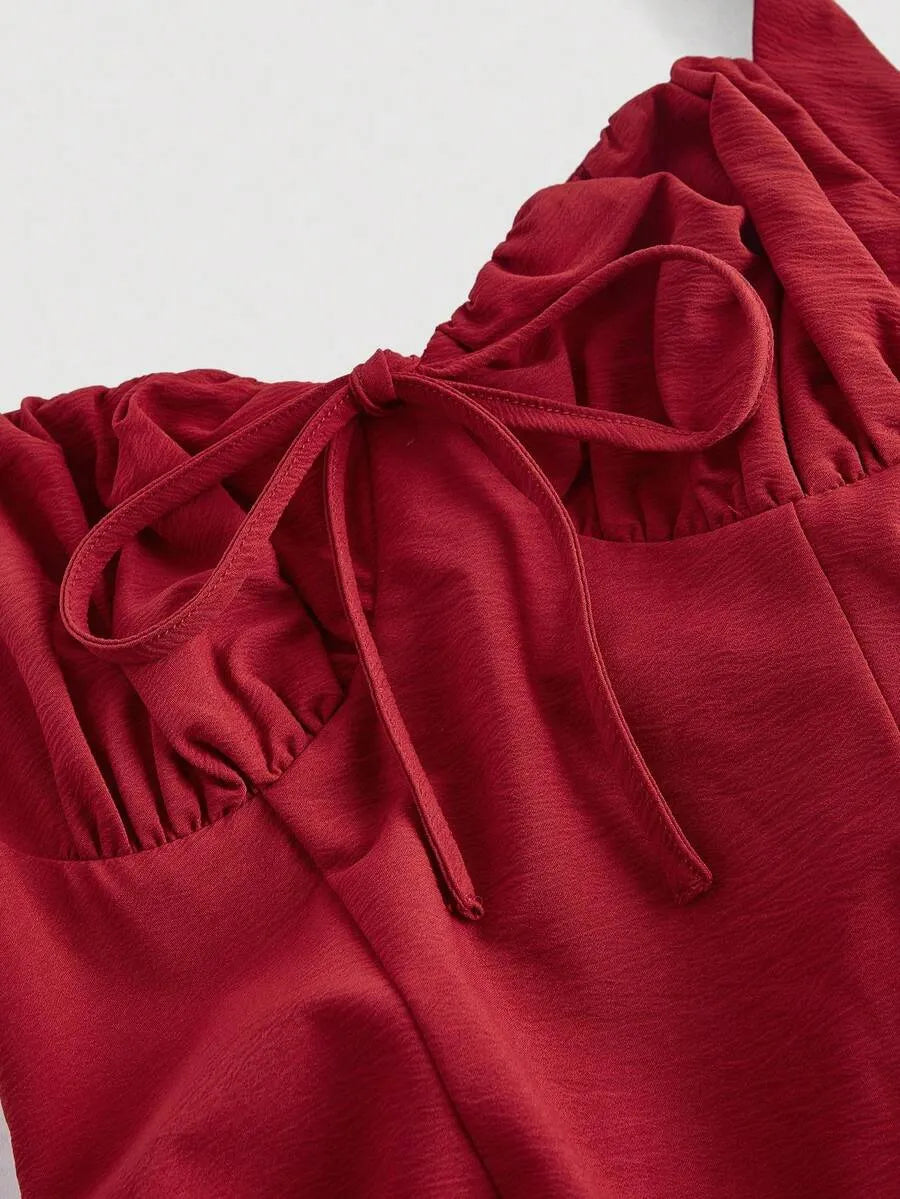 SHEIN MOD فستان نسائي طويل بياقة رسن وربطة عنق وفيونكة بلون أحمر