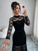 SHEIN Elenzga فستان مخملي طويل بياقة عالية وأكمام طويلة وتفاصيل دانتيل بلون أسود