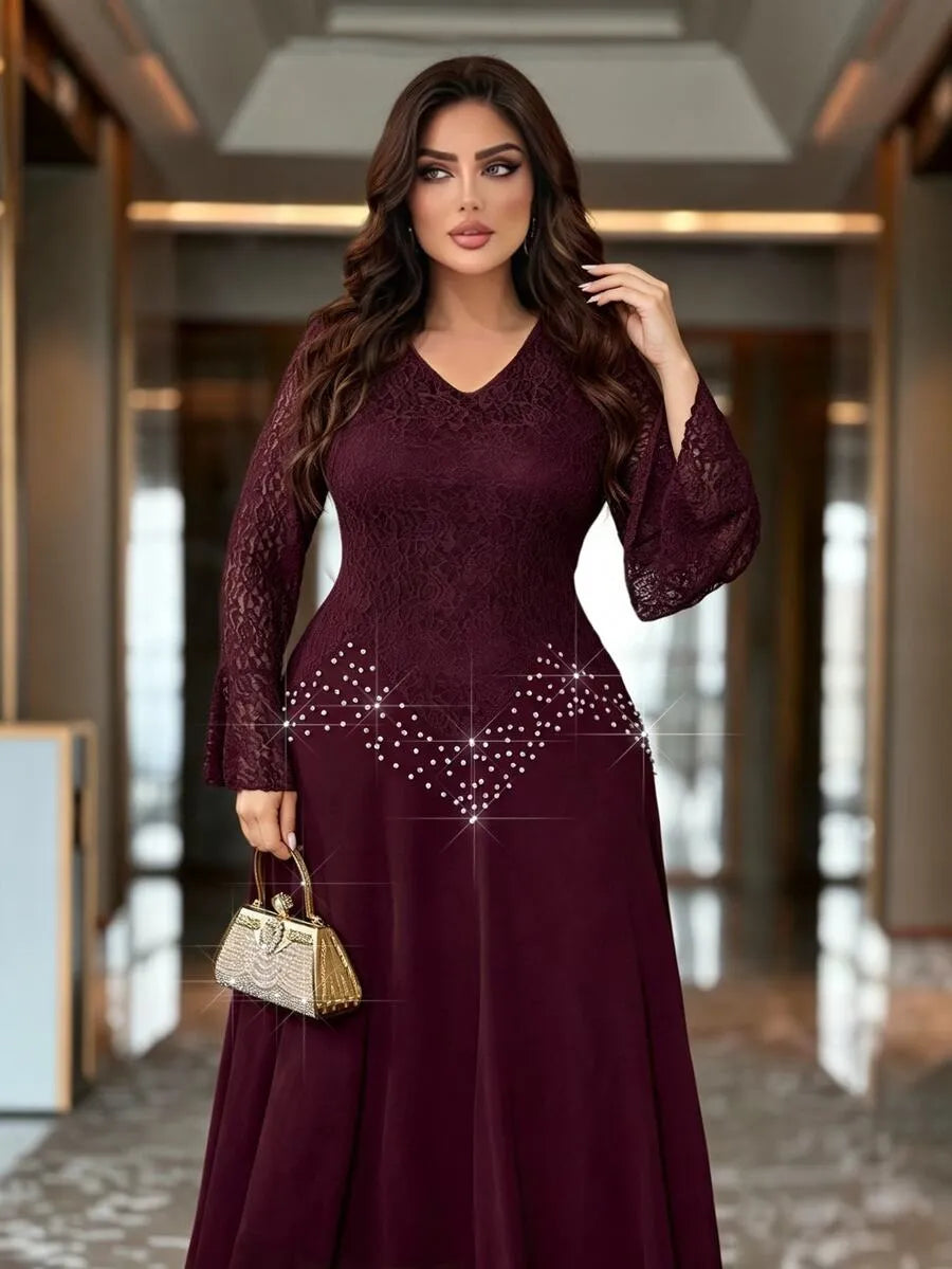 SHEIN Modelyn فستان نسائي طويل بياقة وأكمام واسعة مزين باللؤلؤ والخرز بلون عنابي