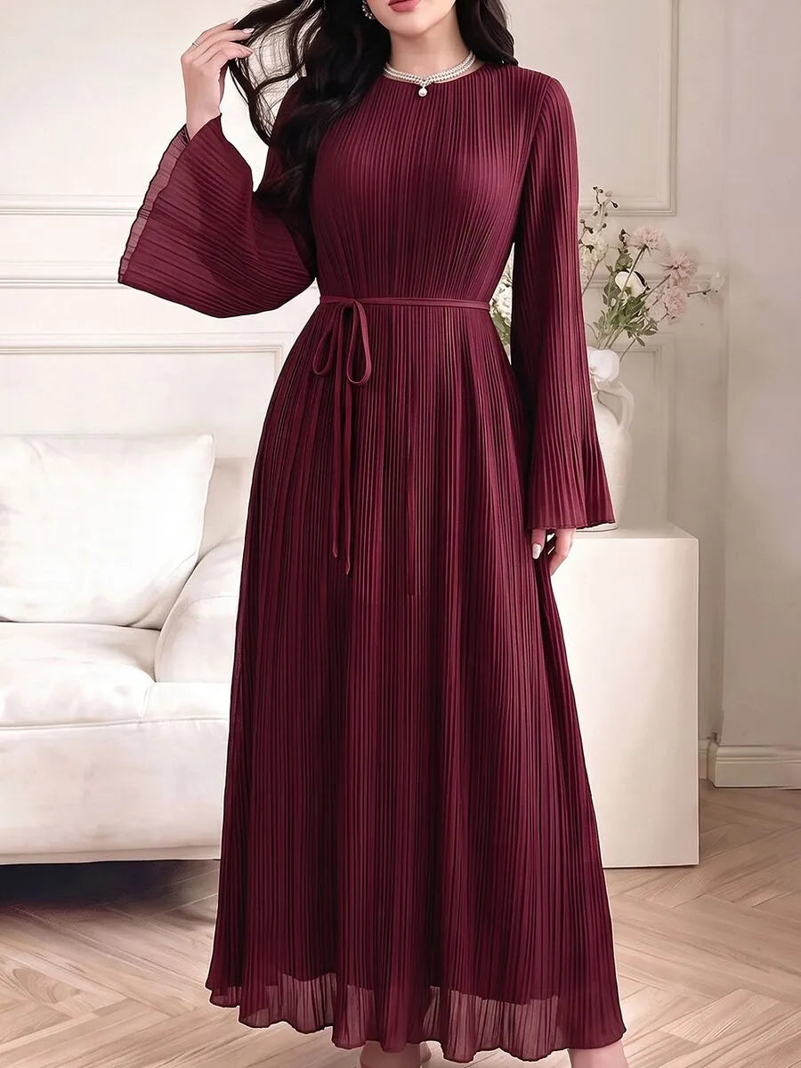 SHEIN Celisse فستان ماكسي بياقة دائرية وأكمام طويلة وخصر برباط خلفي بلون عنابي