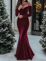 SHEIN Penseblé فستان نسائي مخملي طويل بياقة غير متماثلة وتفاصيل شبكية وذيل حورية البحر بلون عنابي