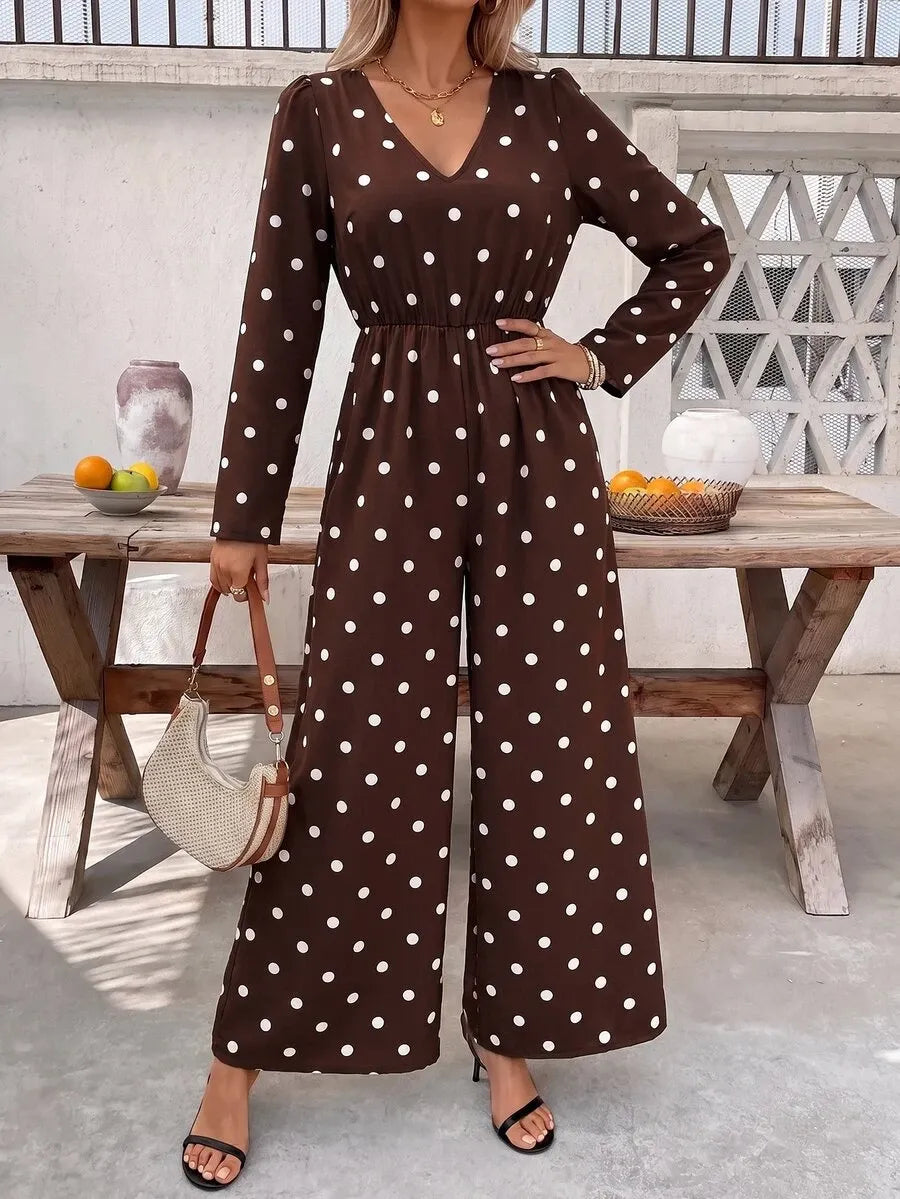 SHEIN Clasi جمبسوت نسائي بنقشة بولكا دوت وياقة وأكمام طويلة متعدد الألوان