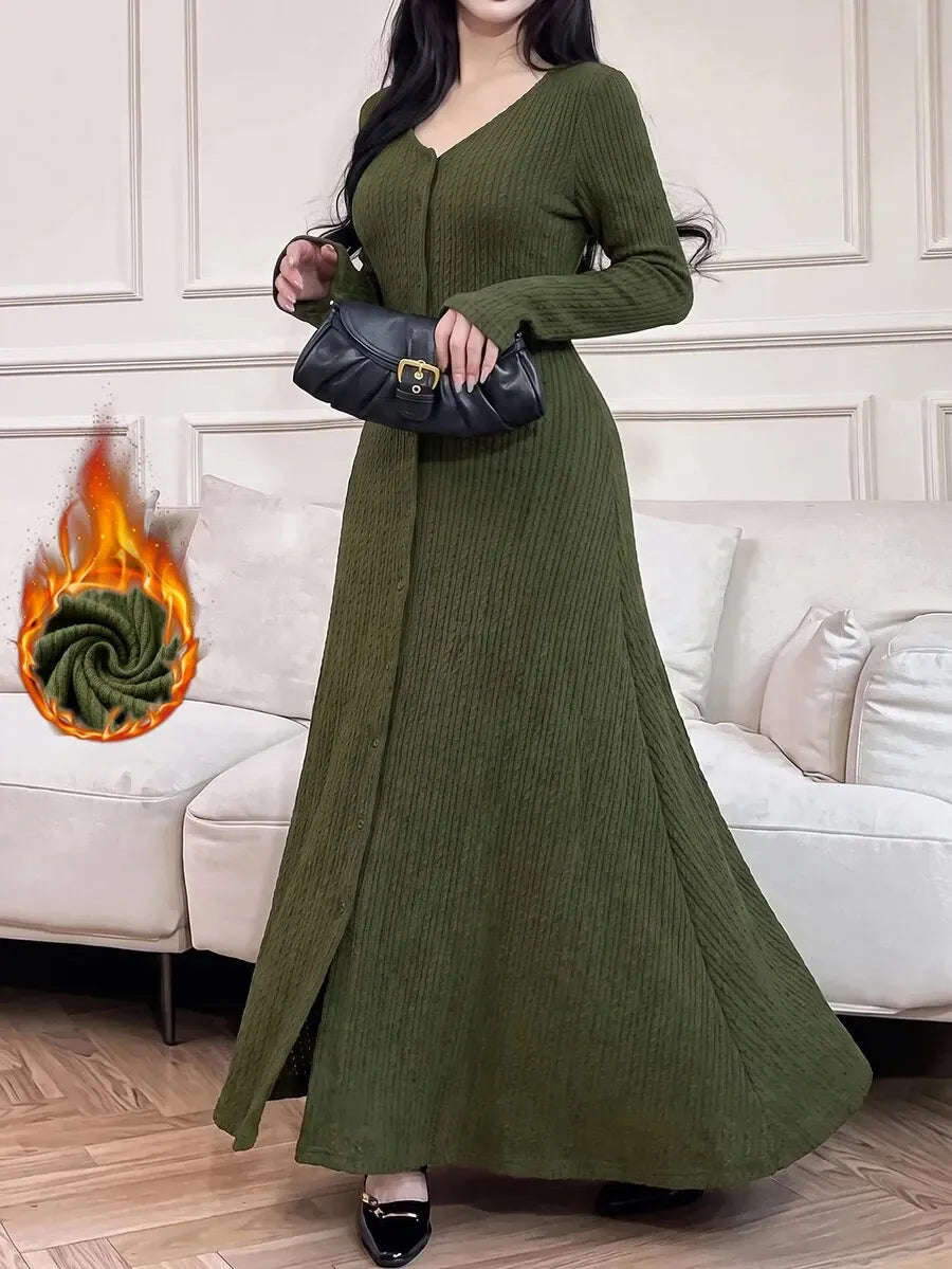 SHEIN Feyla فستان محبوك طويل بياقة وأزرار أمامية بلون أخضر عسكري