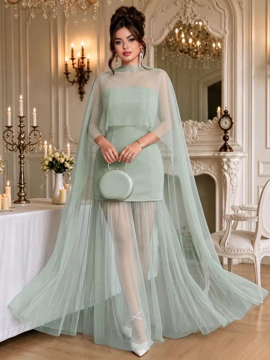 SHEIN Roveilla فستان نسائي من الشبك بوشاح وبدون أكمام بلون أخضر نعناع