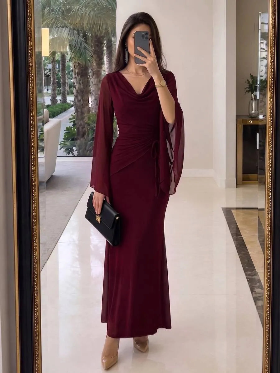 SHEIN Modelyn فستان ماكسي بياقة ملفوفة وأكمام واسعة ورباط جانبي وذيل حورية البحر بلون عنابي
