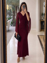 SHEIN Modelyn فستان ماكسي بياقة ملفوفة وأكمام واسعة ورباط جانبي وذيل حورية البحر بلون عنابي