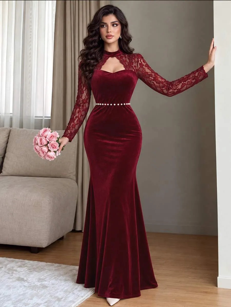 SHEIN Modelyn فستان طويل بياقة تشوكر وأكمام دانتيل وخصر مزين باللؤلؤ بلون عنابي