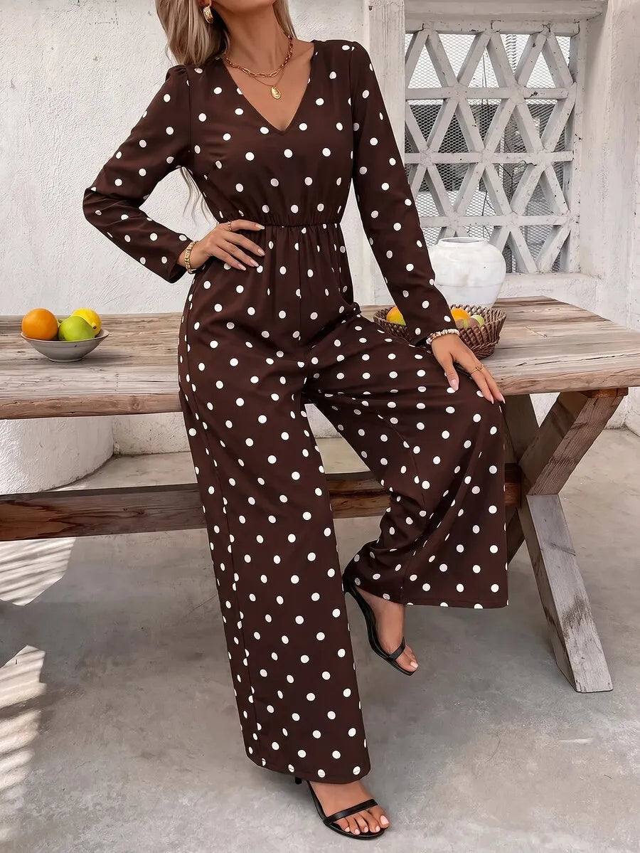 SHEIN Clasi جمبسوت نسائي بنقشة بولكا دوت وياقة وأكمام طويلة متعدد الألوان