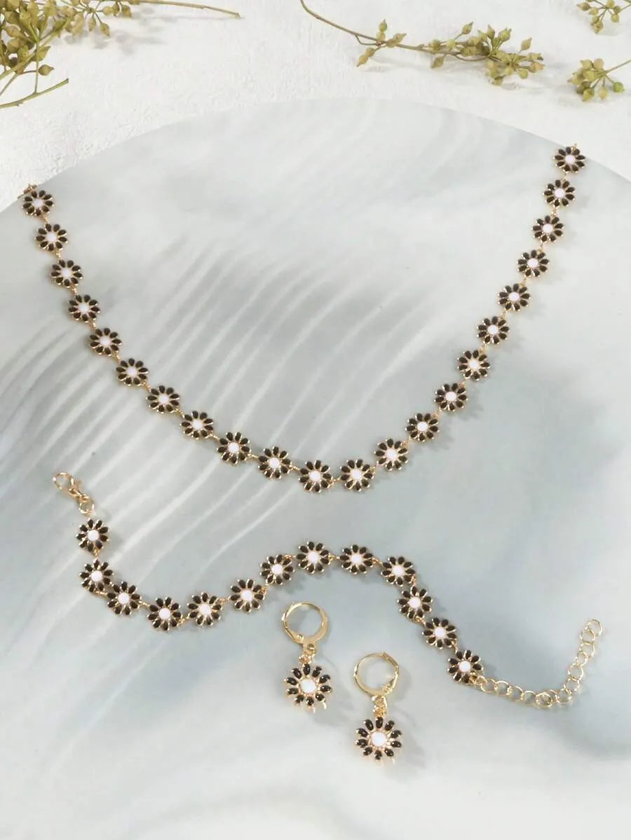 SHEIN طقم مجوهرات نسائي قلادة وسوار وأقراط بتصميم زهرة عباد الشمس
