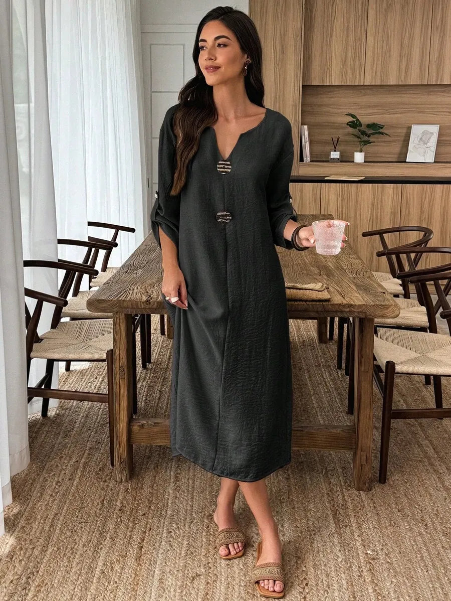 SHEIN Elouméa فستان ميدي بياقة وأكمام طويلة وأزرار أمامية بلون الأسود