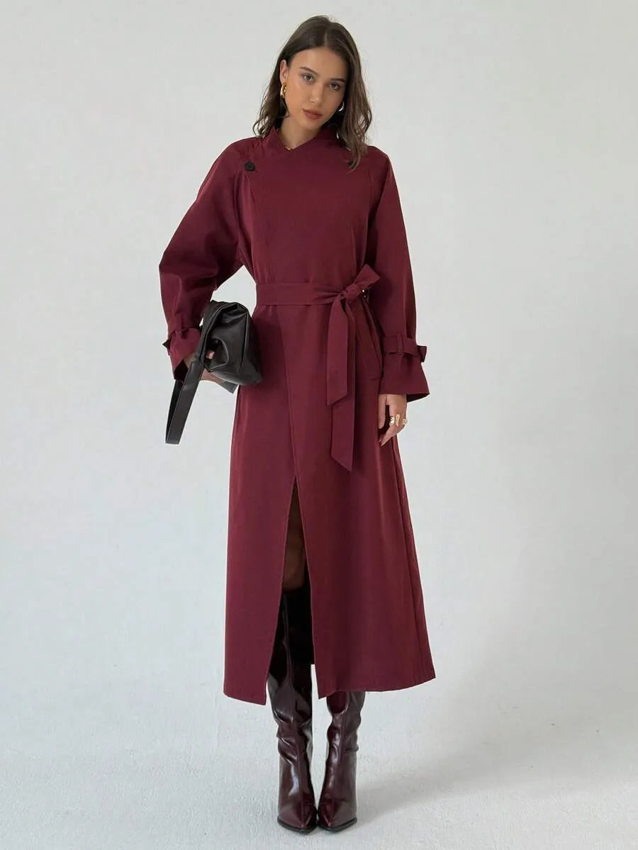 SHEIN Aloruh معطف ترنش طويل بصف أزرار مزدوج وحزام خصر بلون أحمر بنفسجي