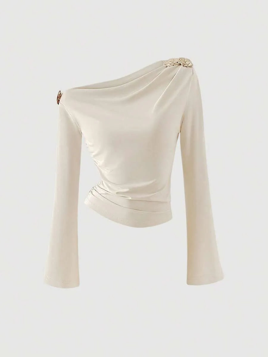 SHEIN MOD توب نسائي بكتف مكشوف وأكمام واسعة بلون مشمشي