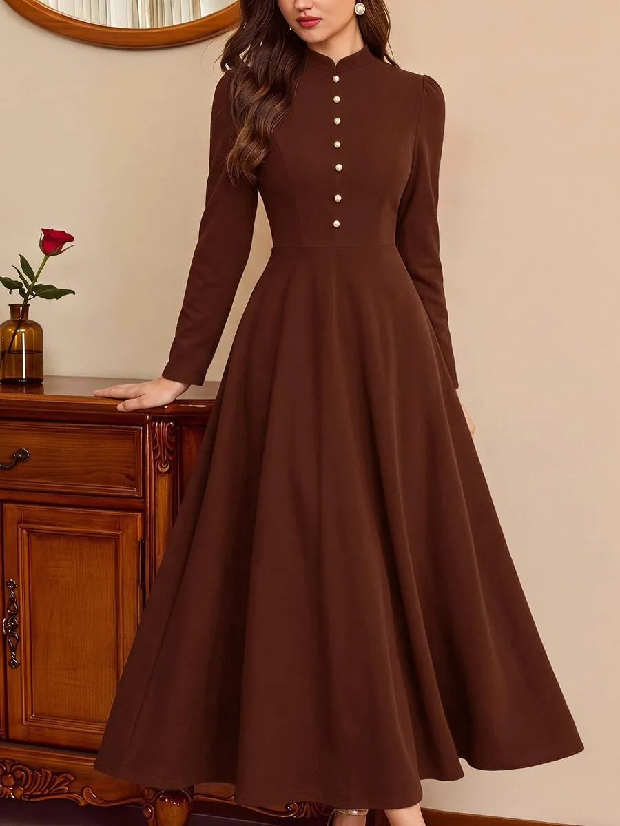 SHEIN Vintamour فستان نسائي بياقة تشيونغسام وأزرار أمامية وجيوب بلون بني
