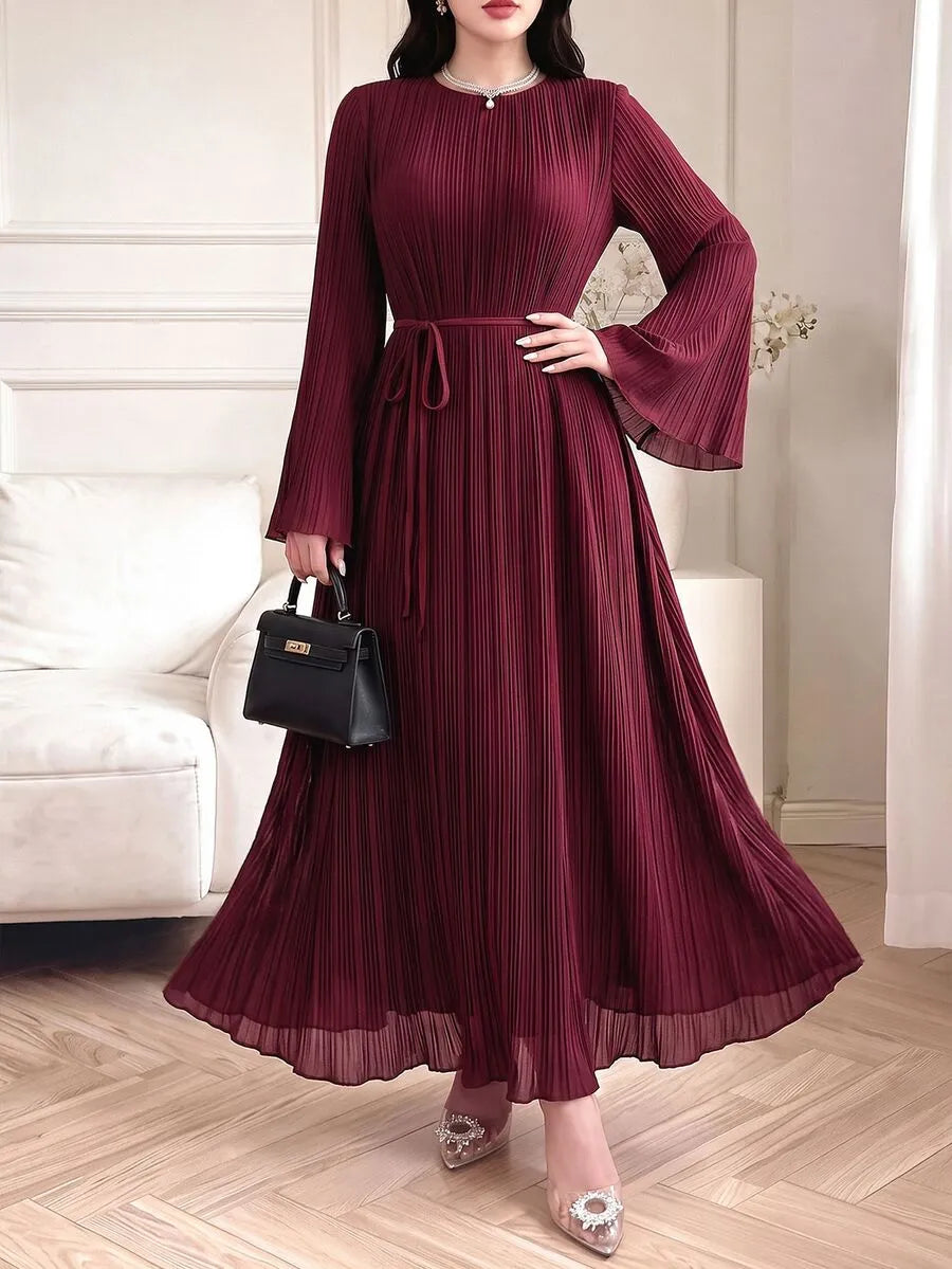 SHEIN Celisse فستان ماكسي بياقة دائرية وأكمام طويلة وخصر برباط خلفي بلون عنابي