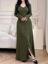 SHEIN Feyla فستان محبوك طويل بياقة وأزرار أمامية بلون أخضر عسكري