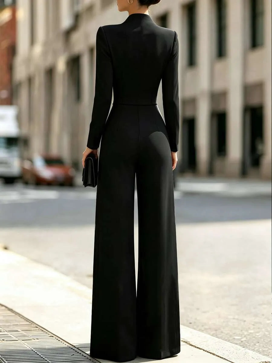 SHEIN جمبسوت نسائي بساق واسعة وخصر عالٍ وسحاب بلون الأسود