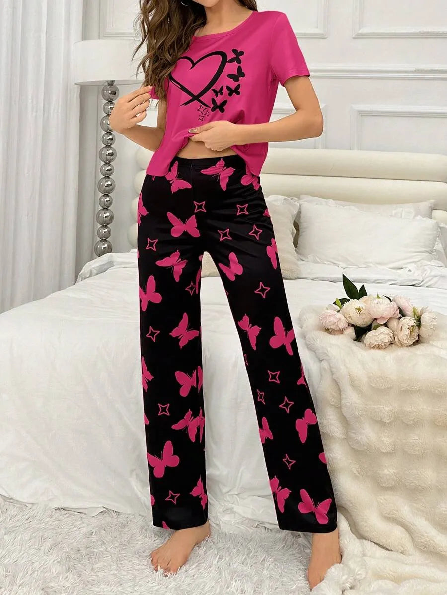 SHEIN طقم بيجاما بطبعة فراشات وقلوب بلون روز أحمر