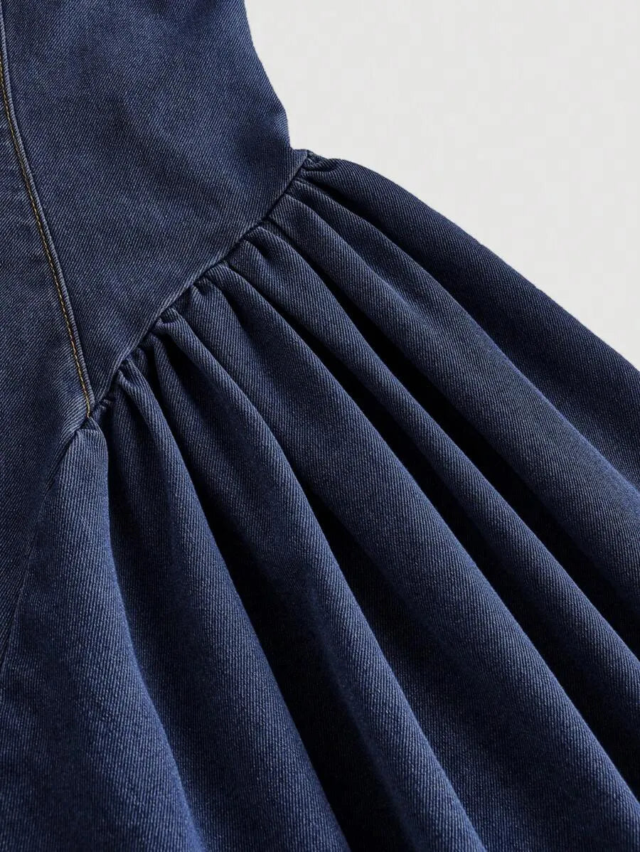 SHEIN MOD فستان جينز نسائي قصير بدون أكمام بياقة مربعة وخصر عالٍ بلون أزرق داكن