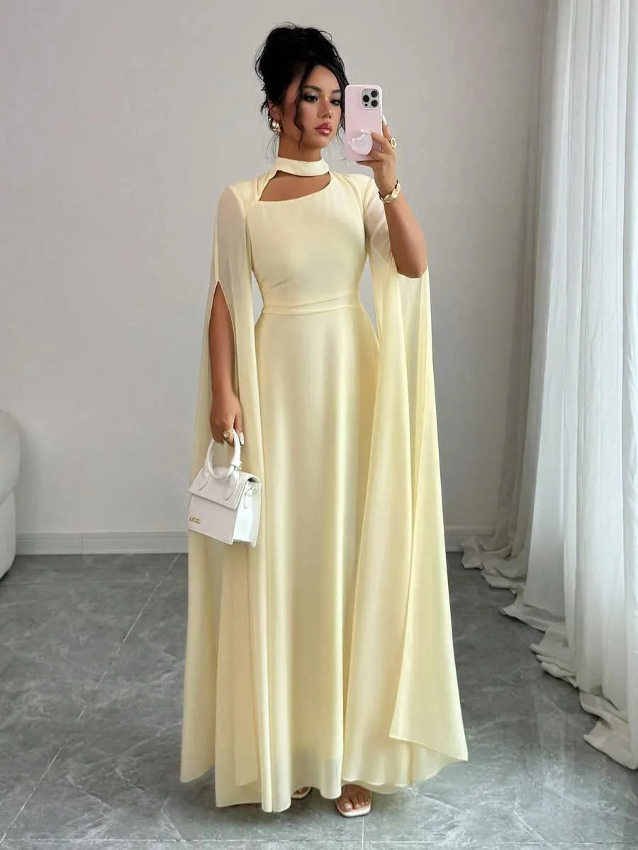 SHEIN Elenzga فستان ماكسي بياقة غير متماثلة وأكمام عباءة وخصر مرتفع بتفاصيل شبكية بلون أصفر فاتح