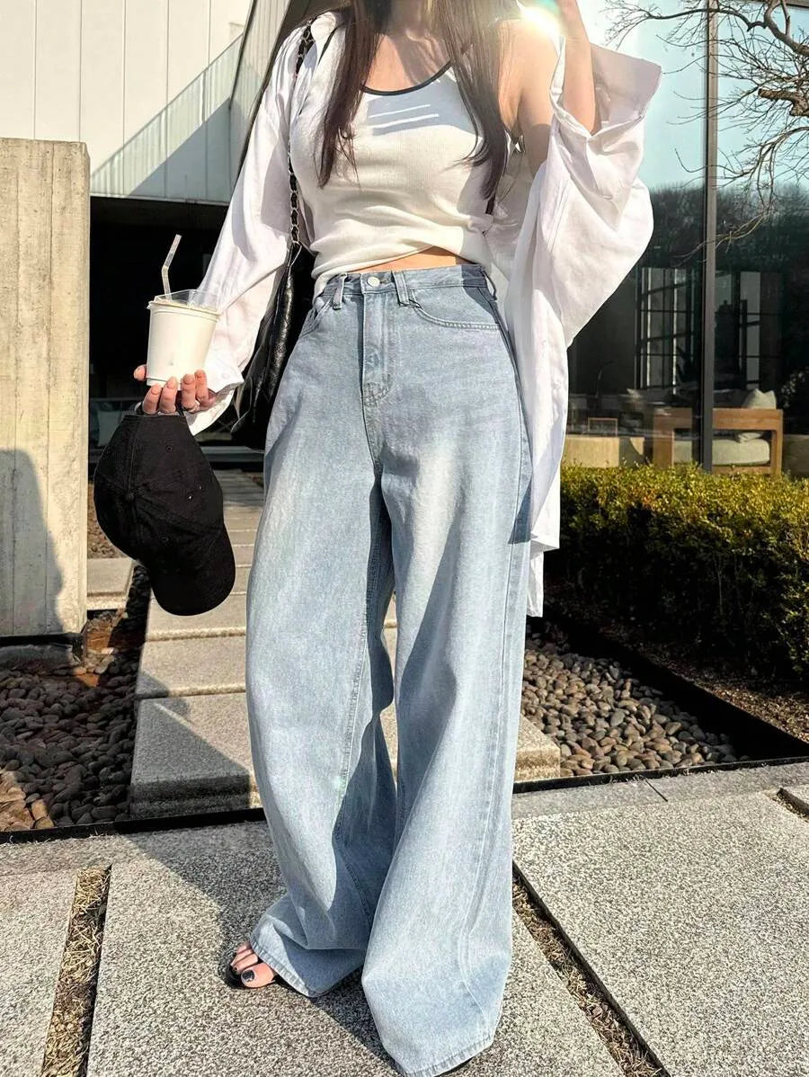 SHEIN DAZY بنطلون جينز فضفاض بقصة مستقيمة بخصر عالٍ بلون أزرق فاتح