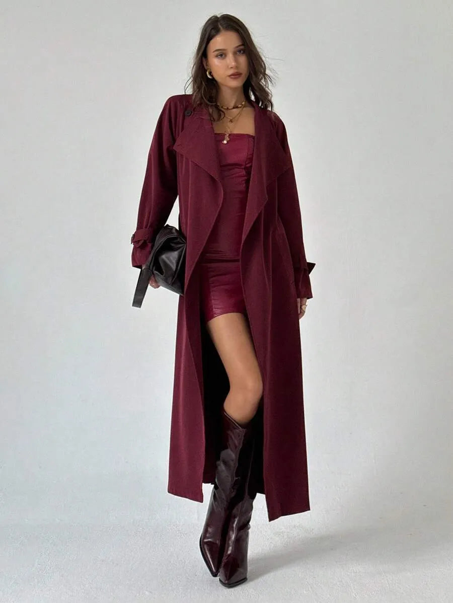SHEIN Aloruh معطف ترنش طويل بصف أزرار مزدوج وحزام خصر بلون أحمر بنفسجي