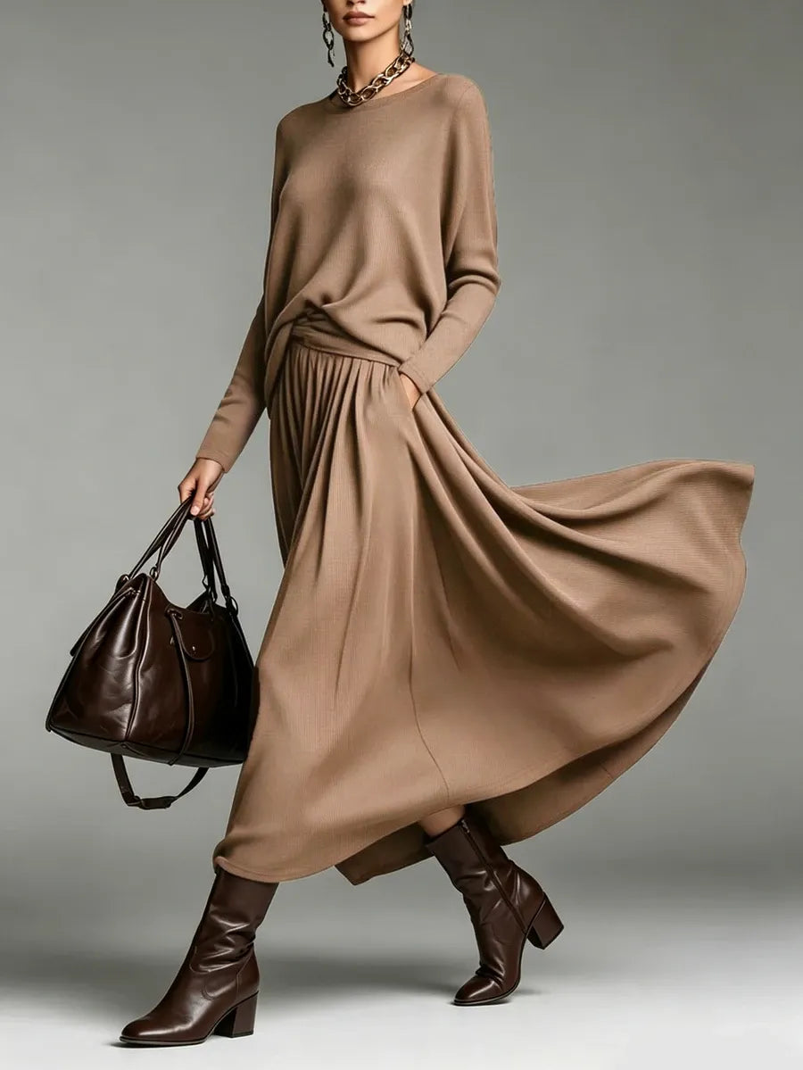 SHEIN طقم نسائي قطعتين توب محبوك وتنورة ماكسي فضفاضة بلون بني قهوة