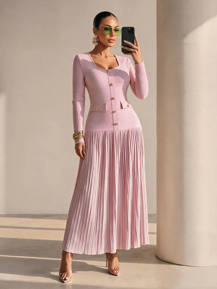 SHEIN Structelle فستان طويل ضيق بياقة وأزرار معدنية أمامية وحافة مطوية بلون وردي