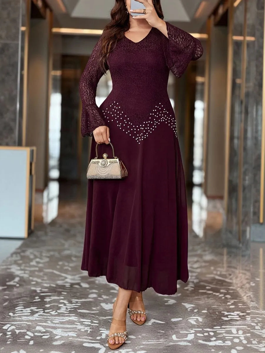 SHEIN Modelyn فستان نسائي طويل بياقة وأكمام واسعة مزين باللؤلؤ والخرز بلون عنابي
